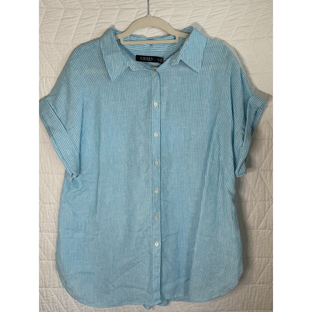 Lauren Ralph Lauren size 2X NWT 100% Linen Blue Feminine Blouse Shirt Top